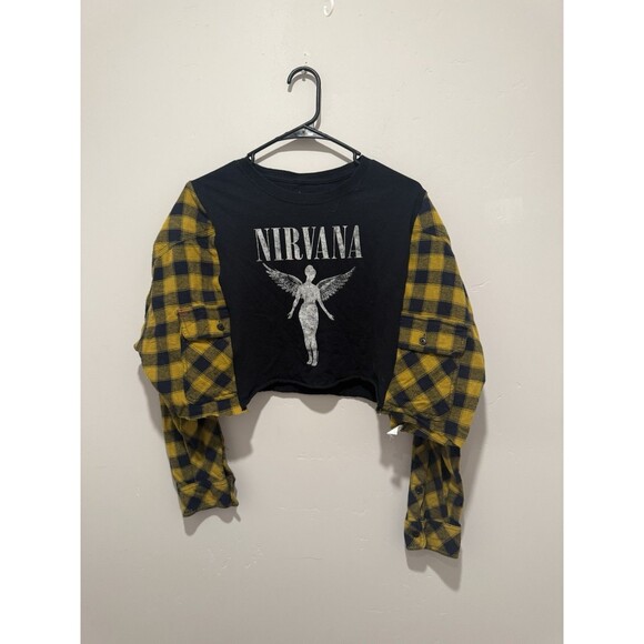 Reworked Upcycle Grunge Oversize Crop Nirvana Flannel Sweater L/XL - Picture 1 of 5